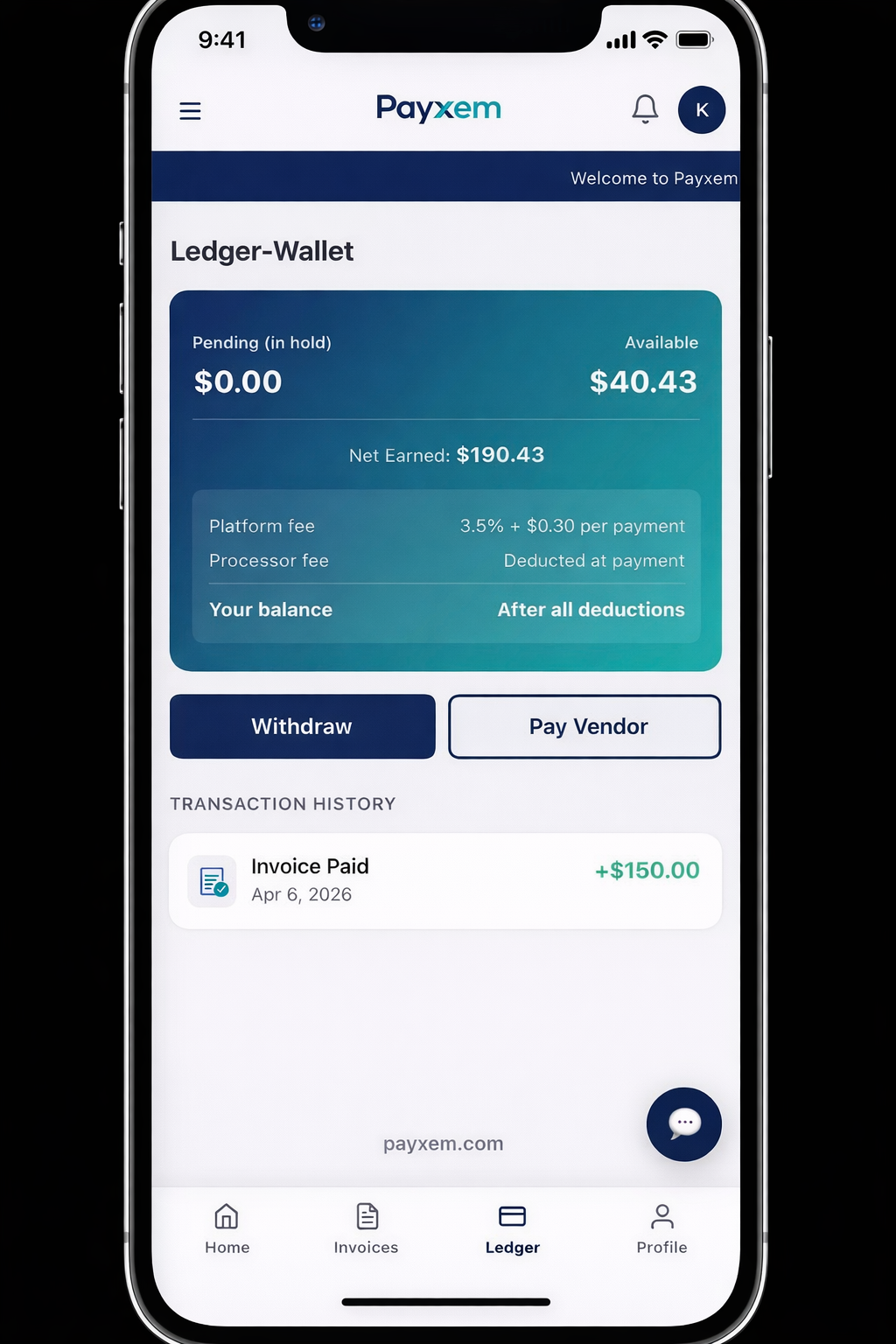 Payxem wallet and ledger showing balance, transactions, and earnings